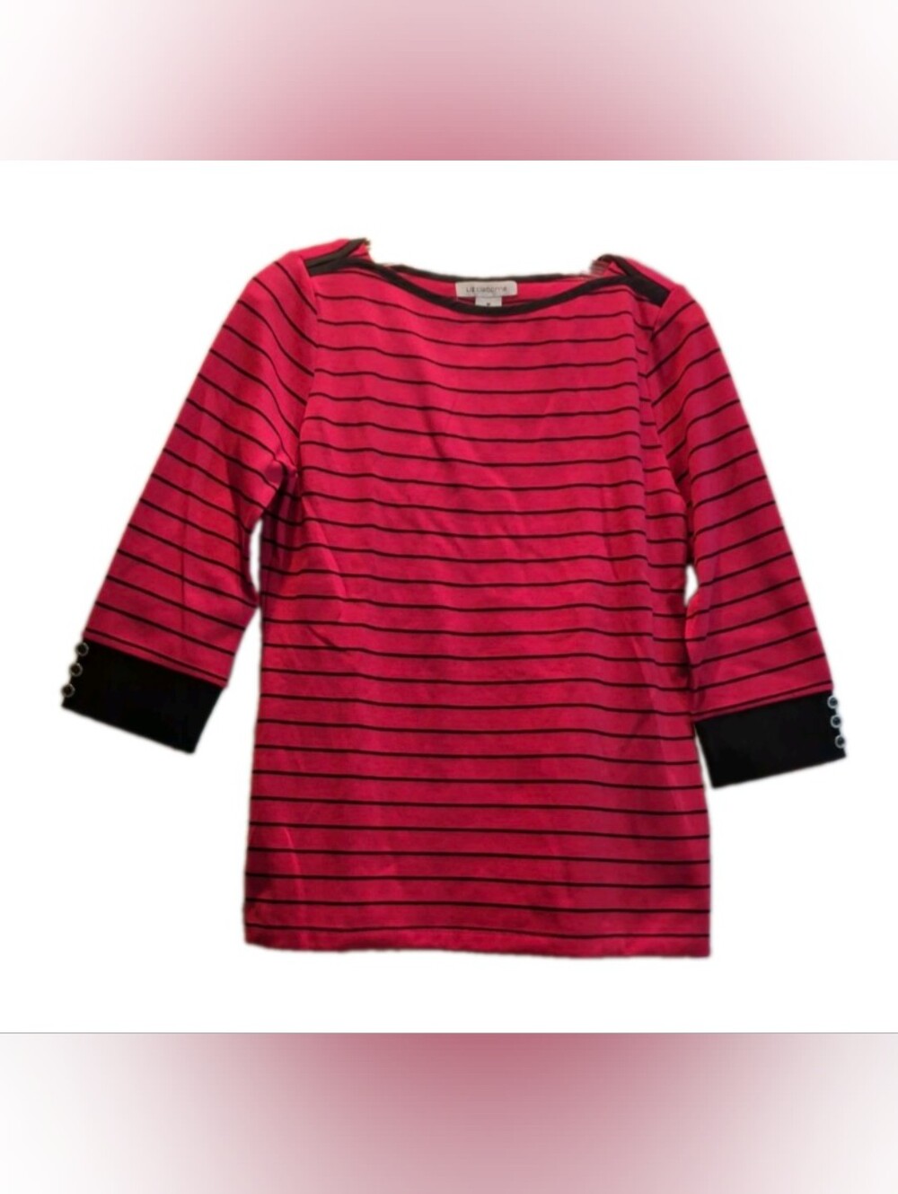 Liz Claiborne Women’s Med Red & Black Striped 3/4 Sleeve Top Polyester